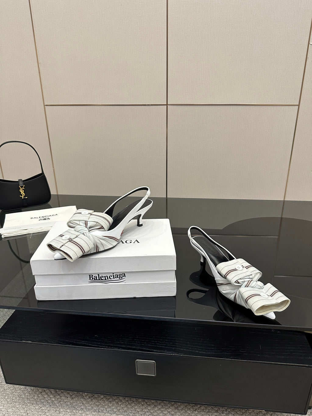 White Balenciaga women's heeled sandals with striped straps and slingback heel