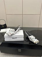 White Balenciaga women's heeled sandals with striped straps and slingback heel