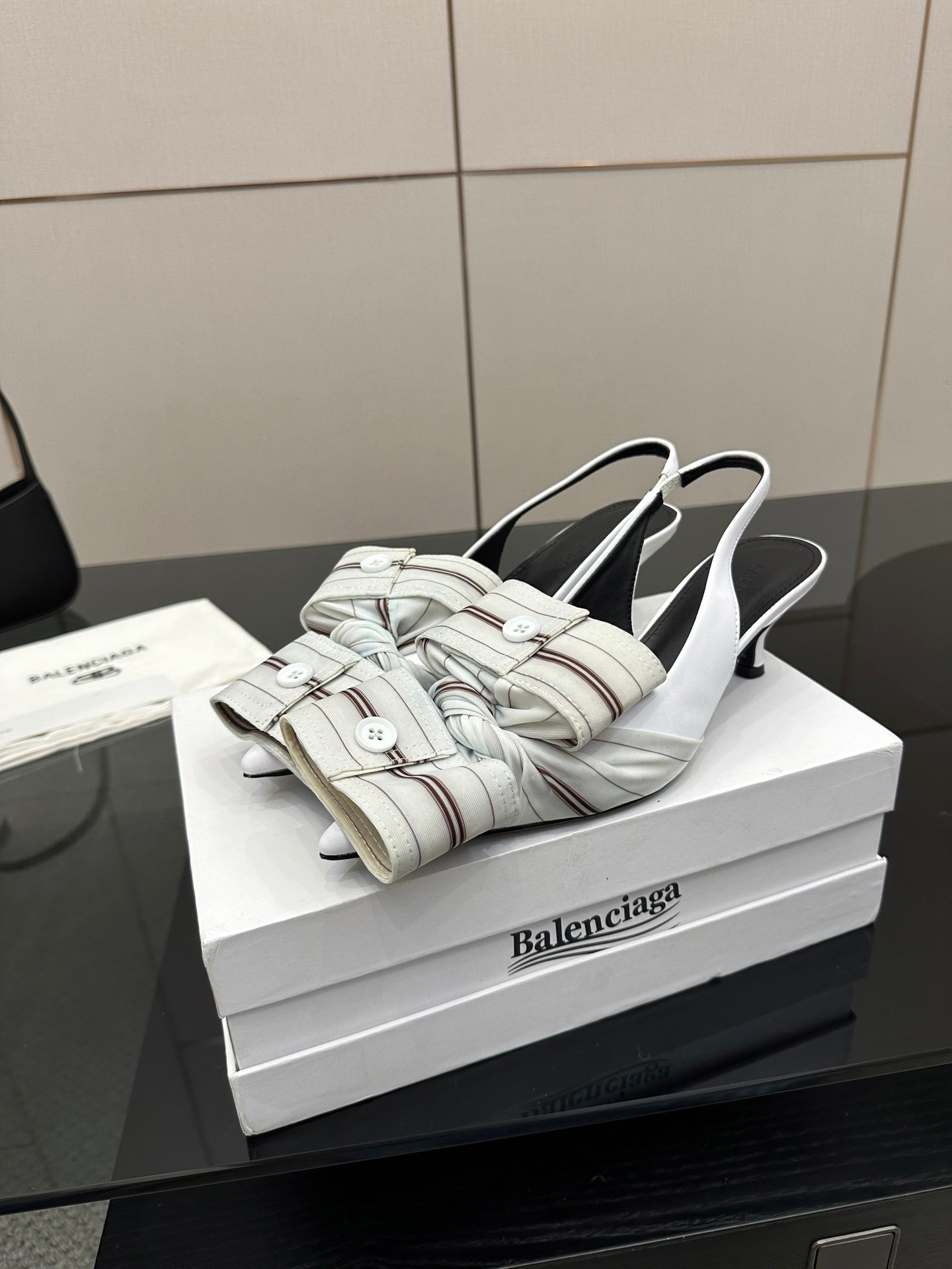 White Balenciaga women's heeled slingback sandals with striped bands and buckle