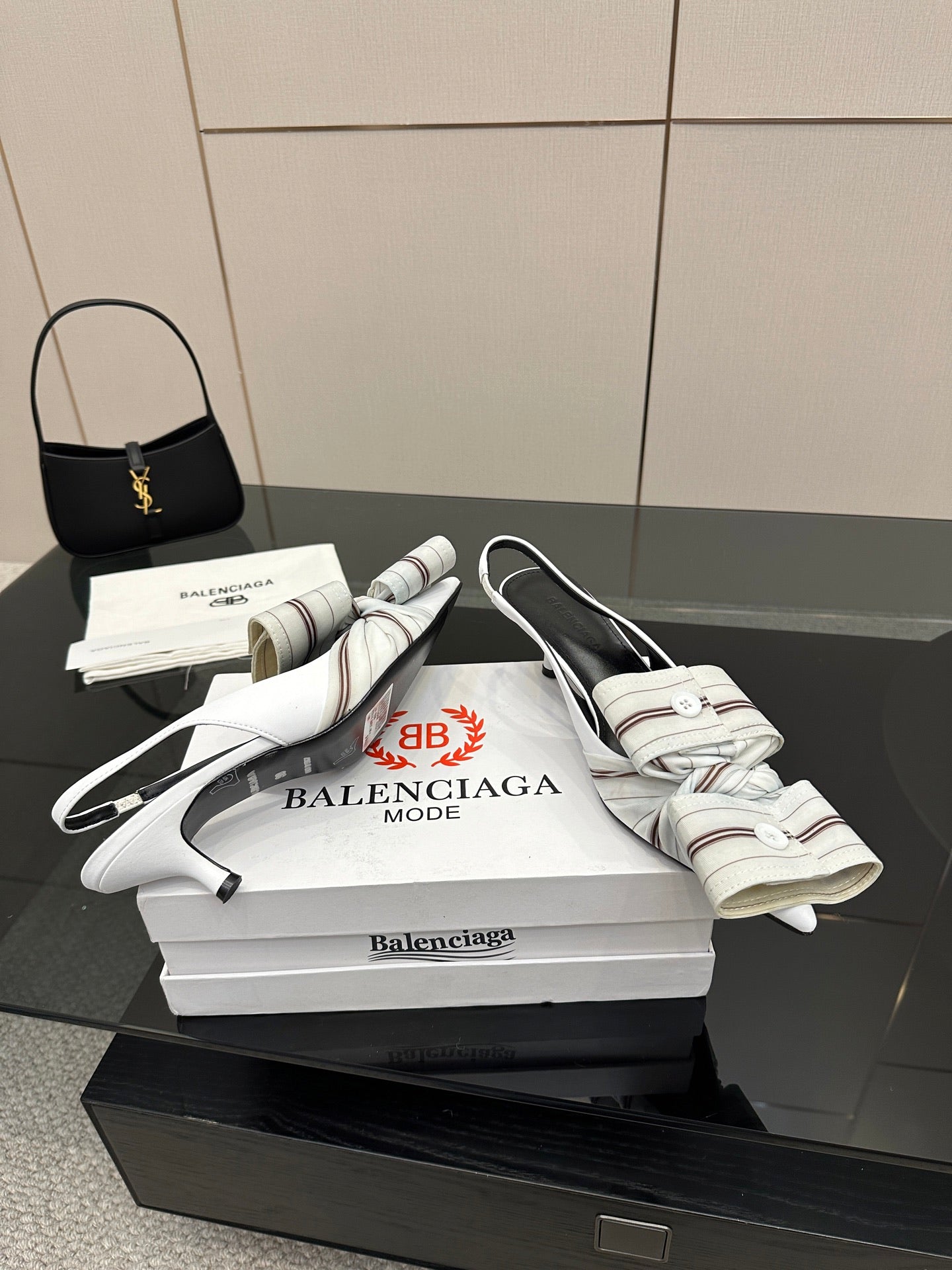 White Balenciaga women's slingback sandals with striped bands and thin heel