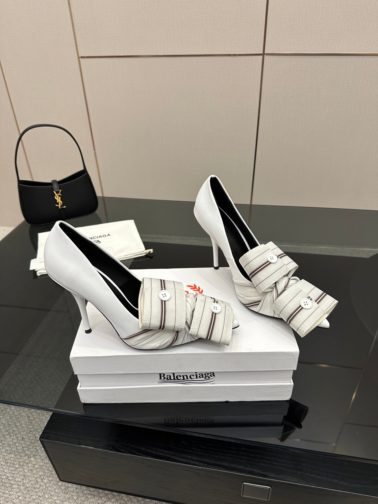 Balenciaga women\u2019s heeled mules with wraparound striped strap, white color