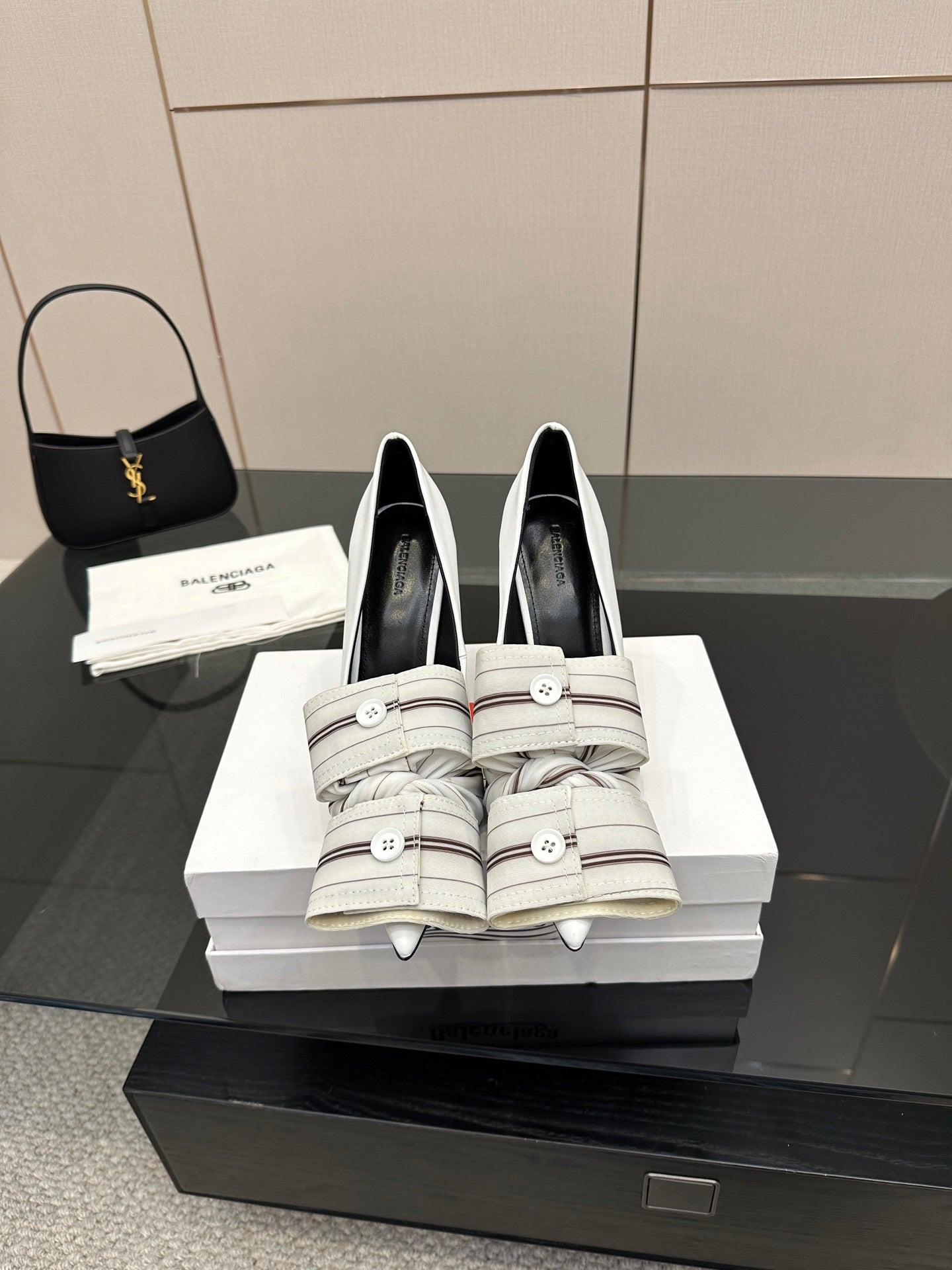 Balenciaga women\u2019s heeled mule shoes with striped strap and buckle, white
