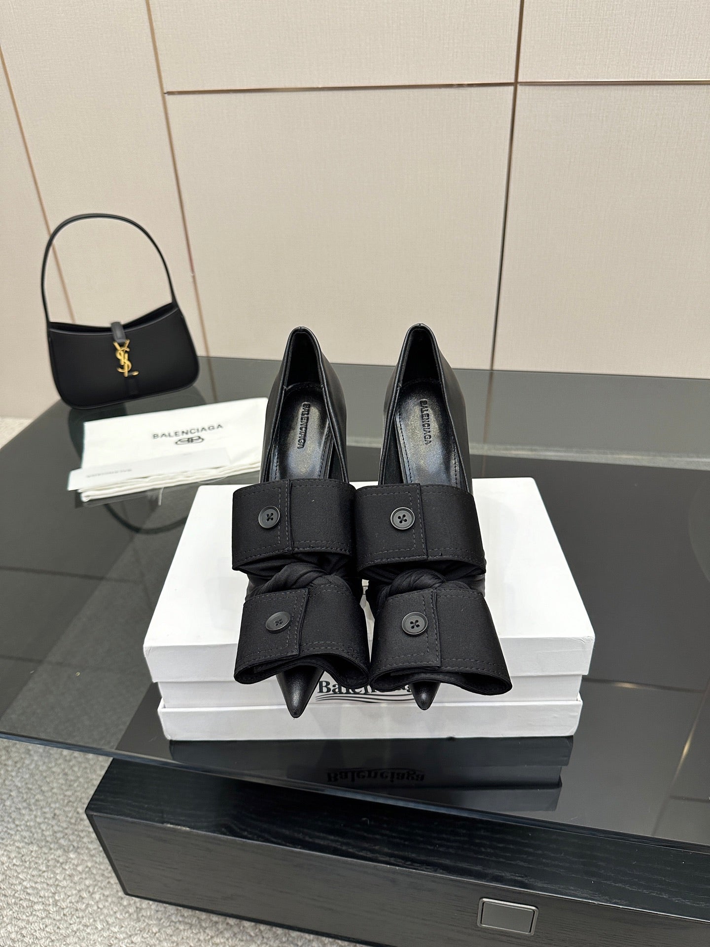 Women's Balenciaga high-heel shoes, black pointed-toe slingbacks with buckle straps