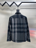 Burberry plaid button-up shirt back view, dark gray and navy check pattern