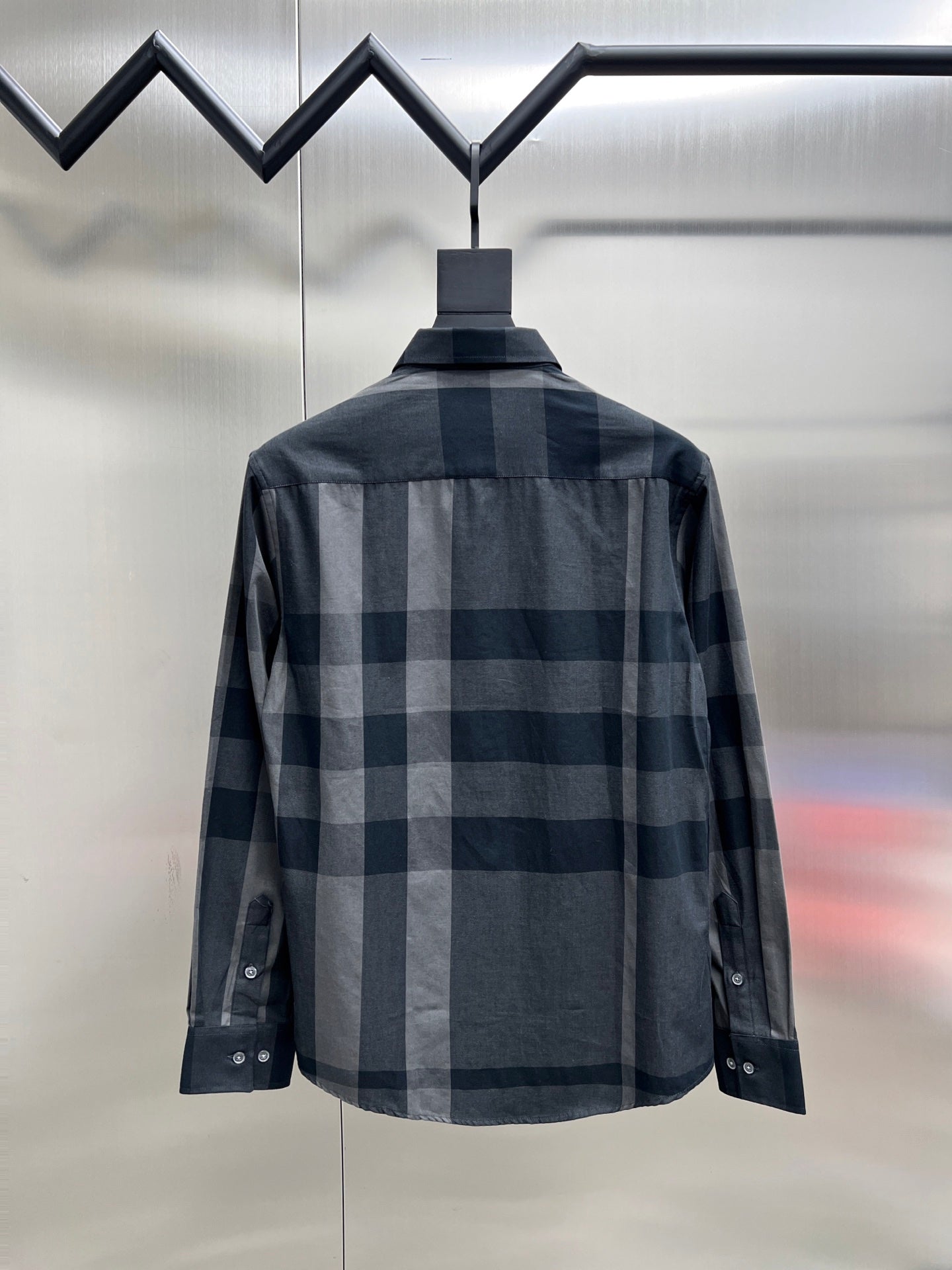 Burberry plaid button-up shirt back view, dark gray and navy check pattern