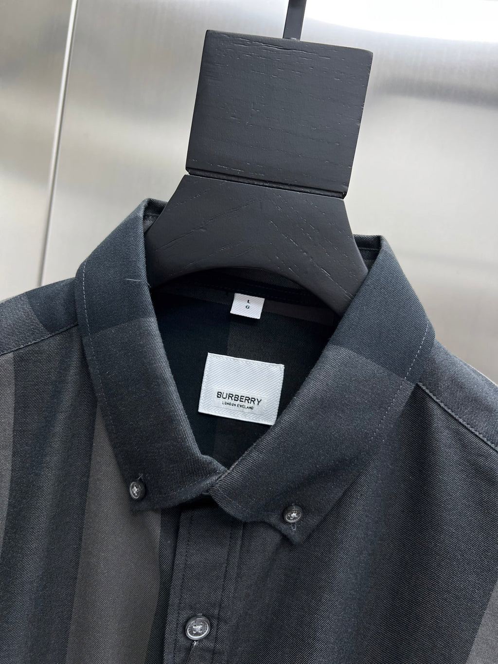 Burberry plaid shirt collar and button placket, dark gray and navy check