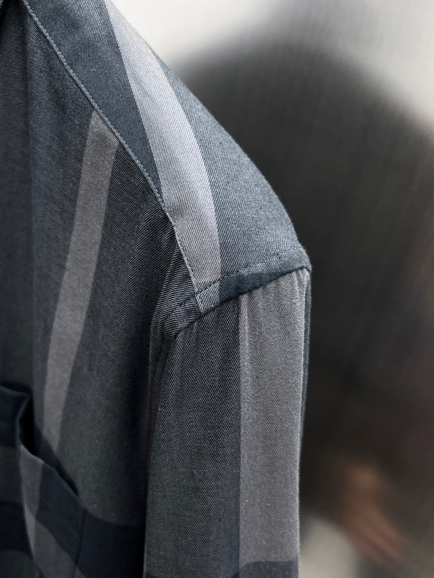 Burberry plaid button-up shirt sleeve with seam detail, dark gray and navy check