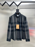 Burberry plaid button-up shirt with collar and front buttons, dark gray and navy check