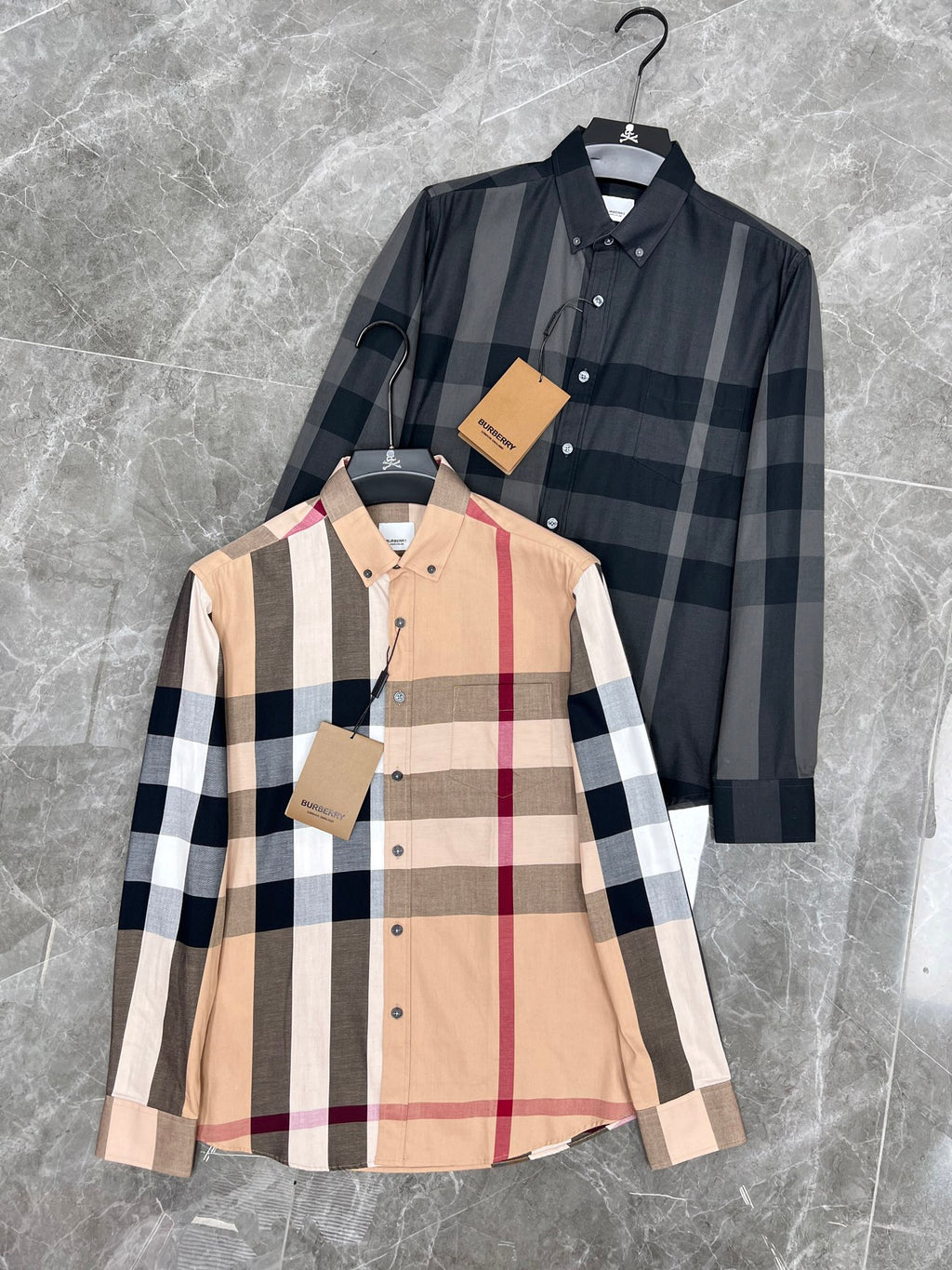 Burberry check button-up shirt set: beige plaid and dark plaid long-sleeve shirts