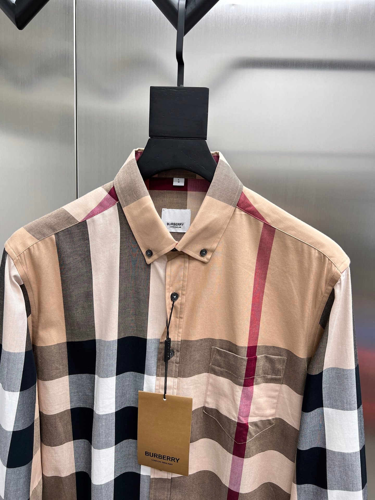 Burberry check button-up shirt with spread collar and beige, navy, white plaid