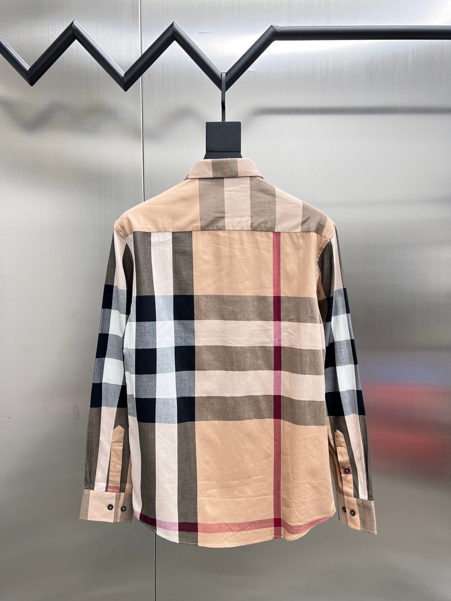 Burberry check button-up shirt with beige, navy, white and burgundy plaid back view
