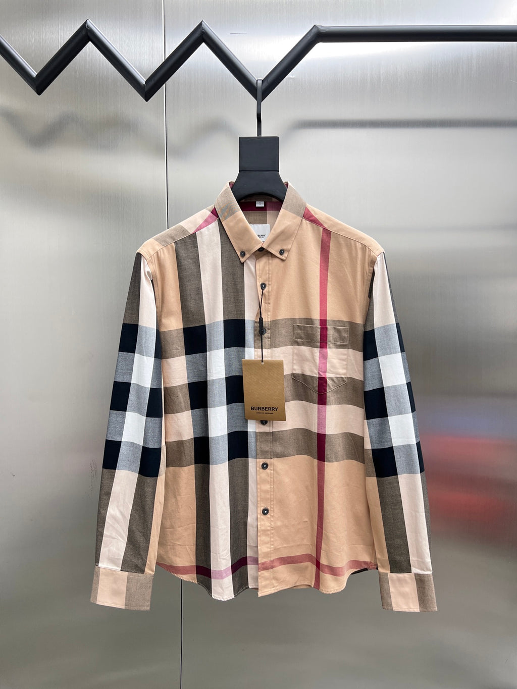 Burberry check button-up shirt with beige, navy, white and burgundy plaid front view