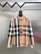 Burberry check button-up shirt with beige, navy, white and burgundy plaid front view