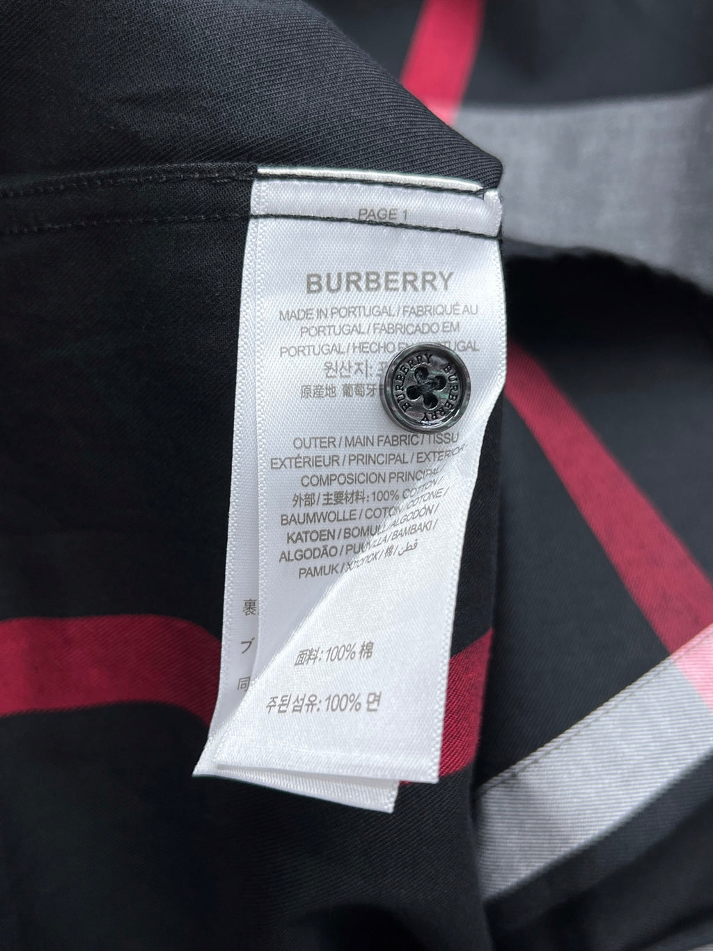 Burberry long-sleeve check shirt interior neck label with care information
