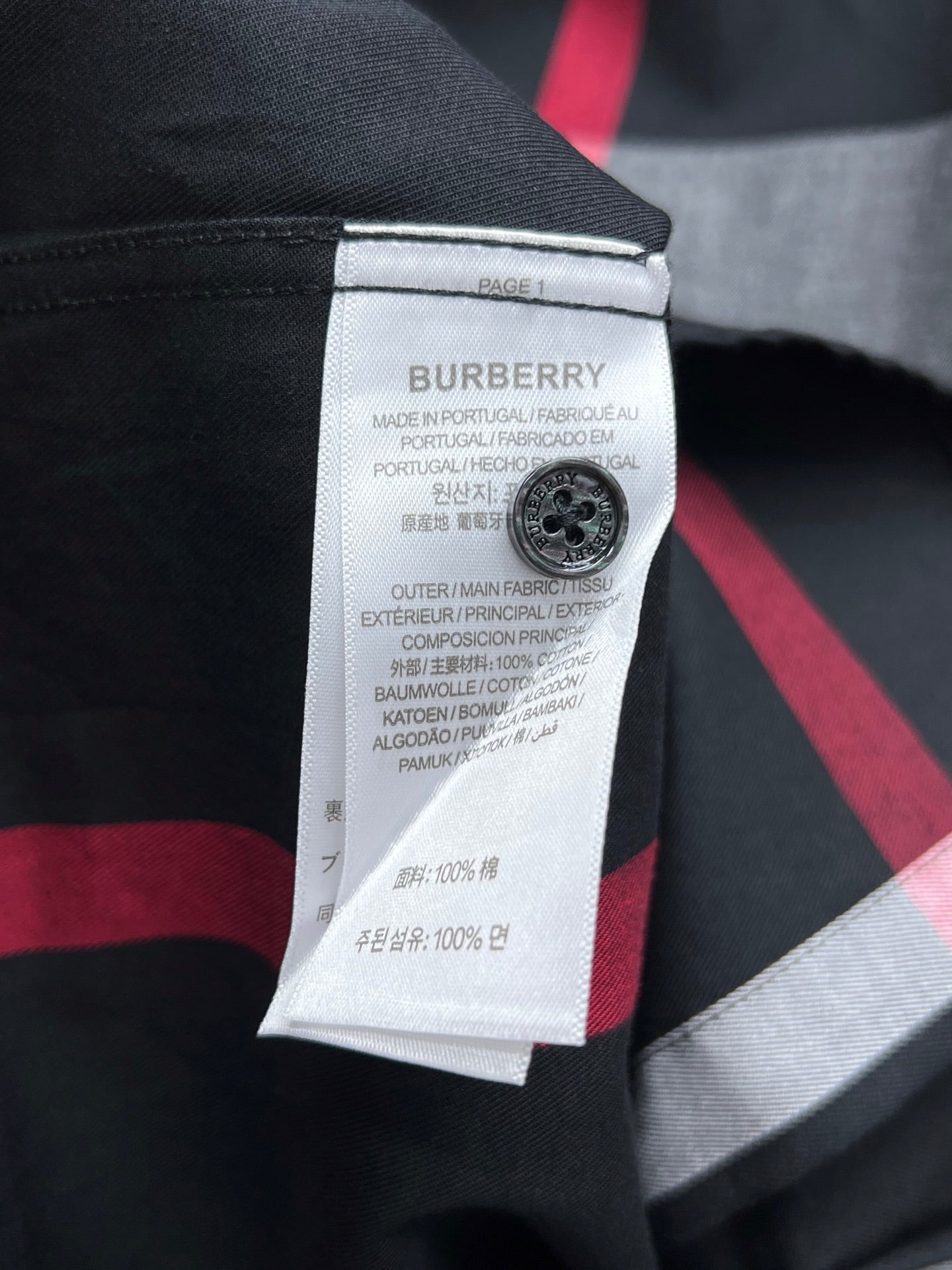 Burberry long-sleeve check shirt interior neck label with care information