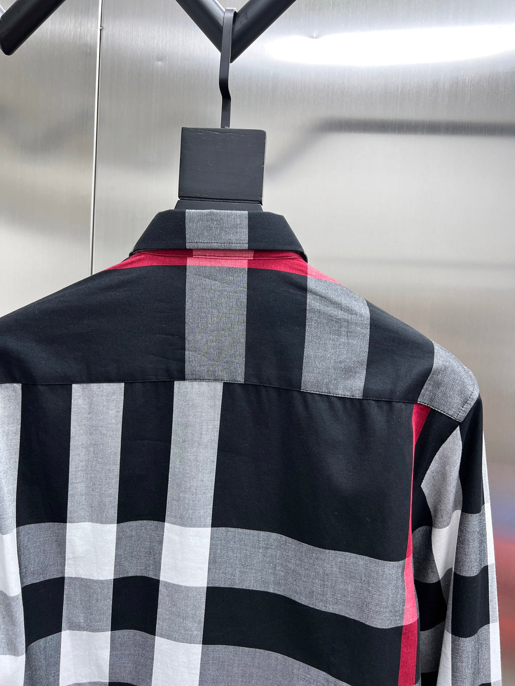 Burberry long-sleeve check shirt back with large black, gray, and red plaid panels