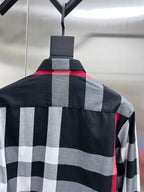 Burberry long-sleeve check shirt back with large black, gray, and red plaid panels