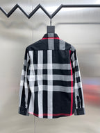 Black, white, and red plaid long-sleeve button-up shirt, back view