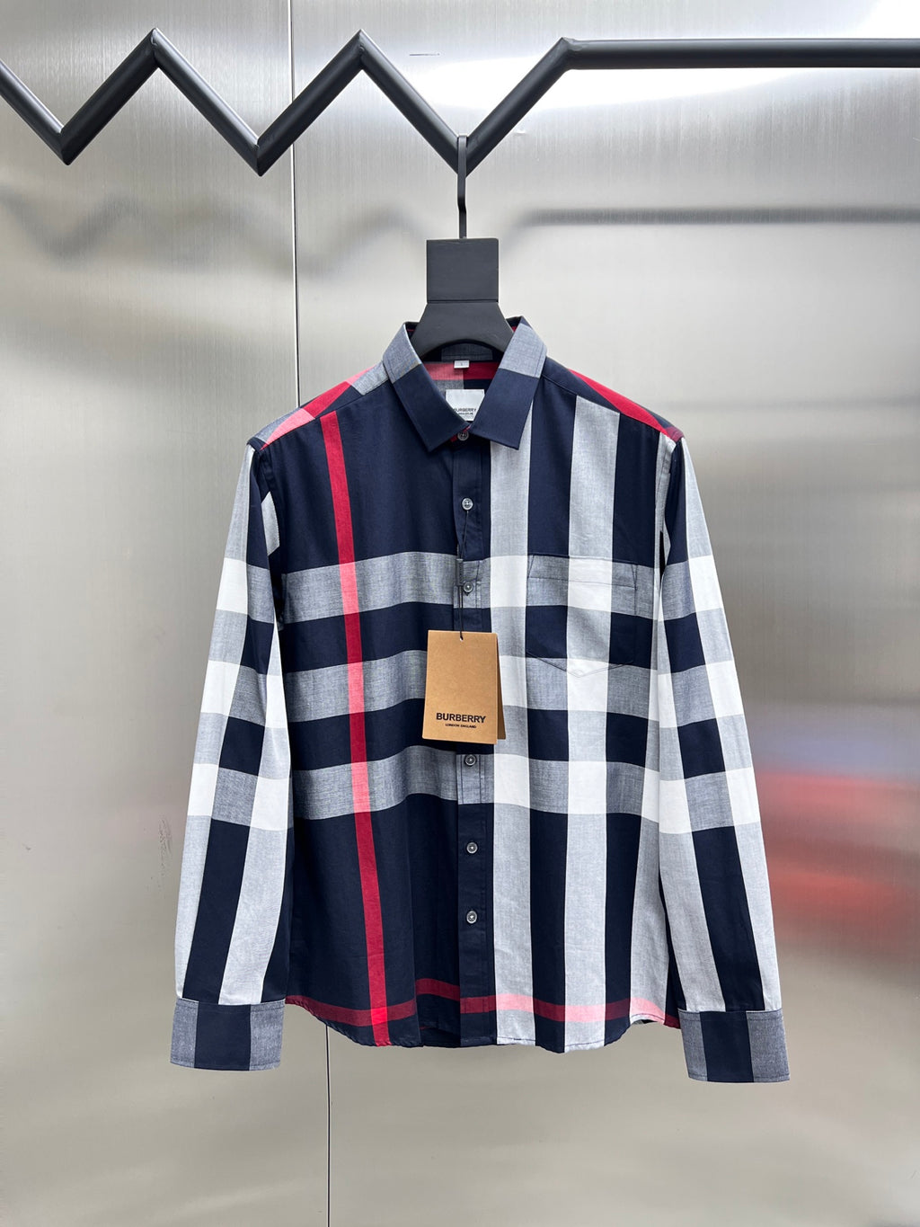 Burberry long-sleeve plaid button-up shirt in navy, white, and red