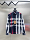 Burberry long-sleeve plaid button-up shirt in navy, white, and red