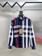 Burberry long-sleeve plaid button-up shirt in navy, white, and red