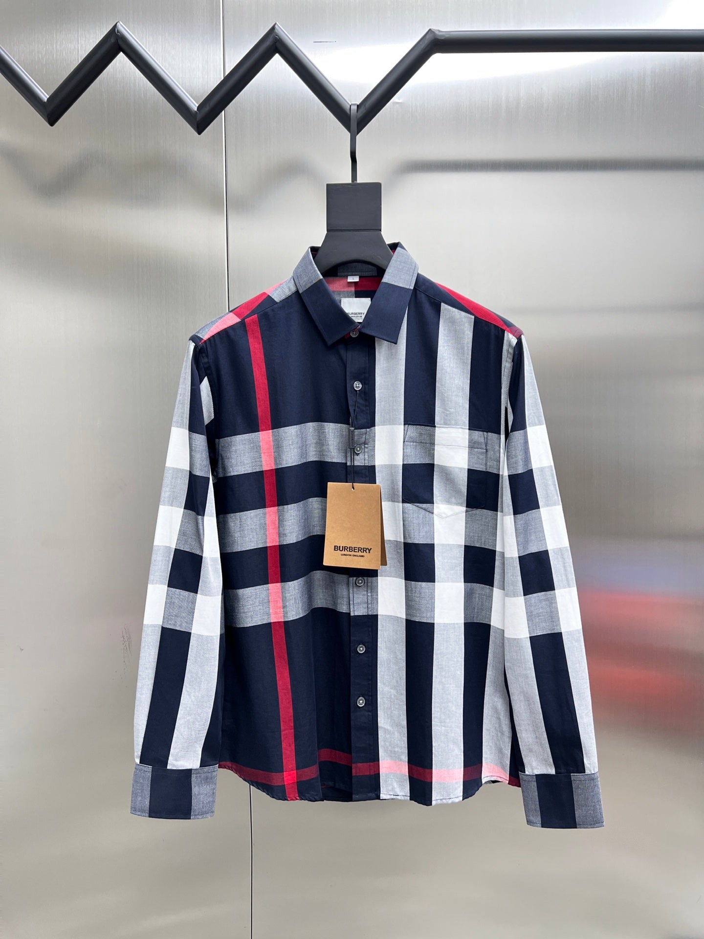 Burberry long-sleeve plaid button-up shirt in navy, white, and red