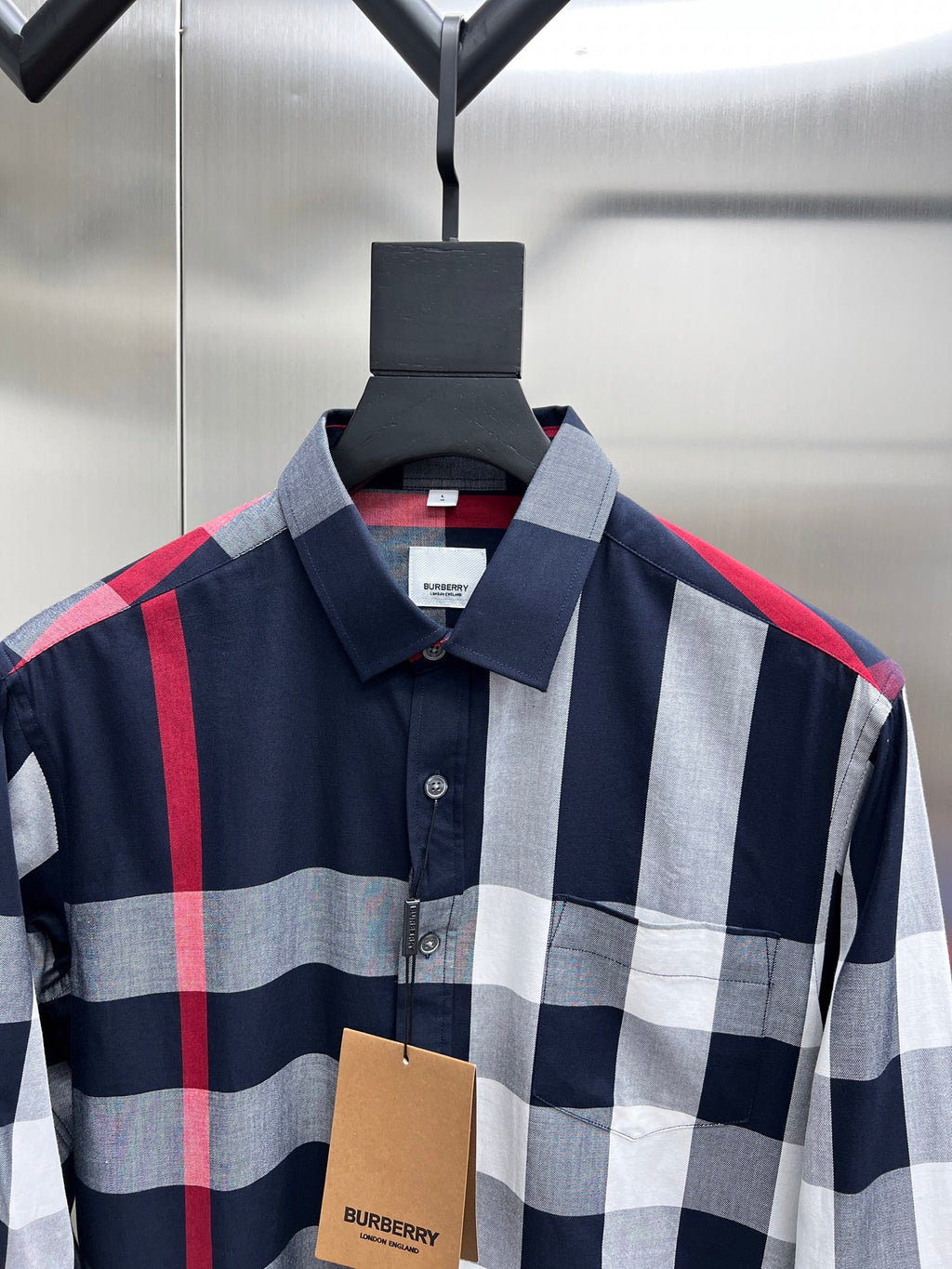 Burberry plaid button-up shirt with point collar, navy and white with red trim