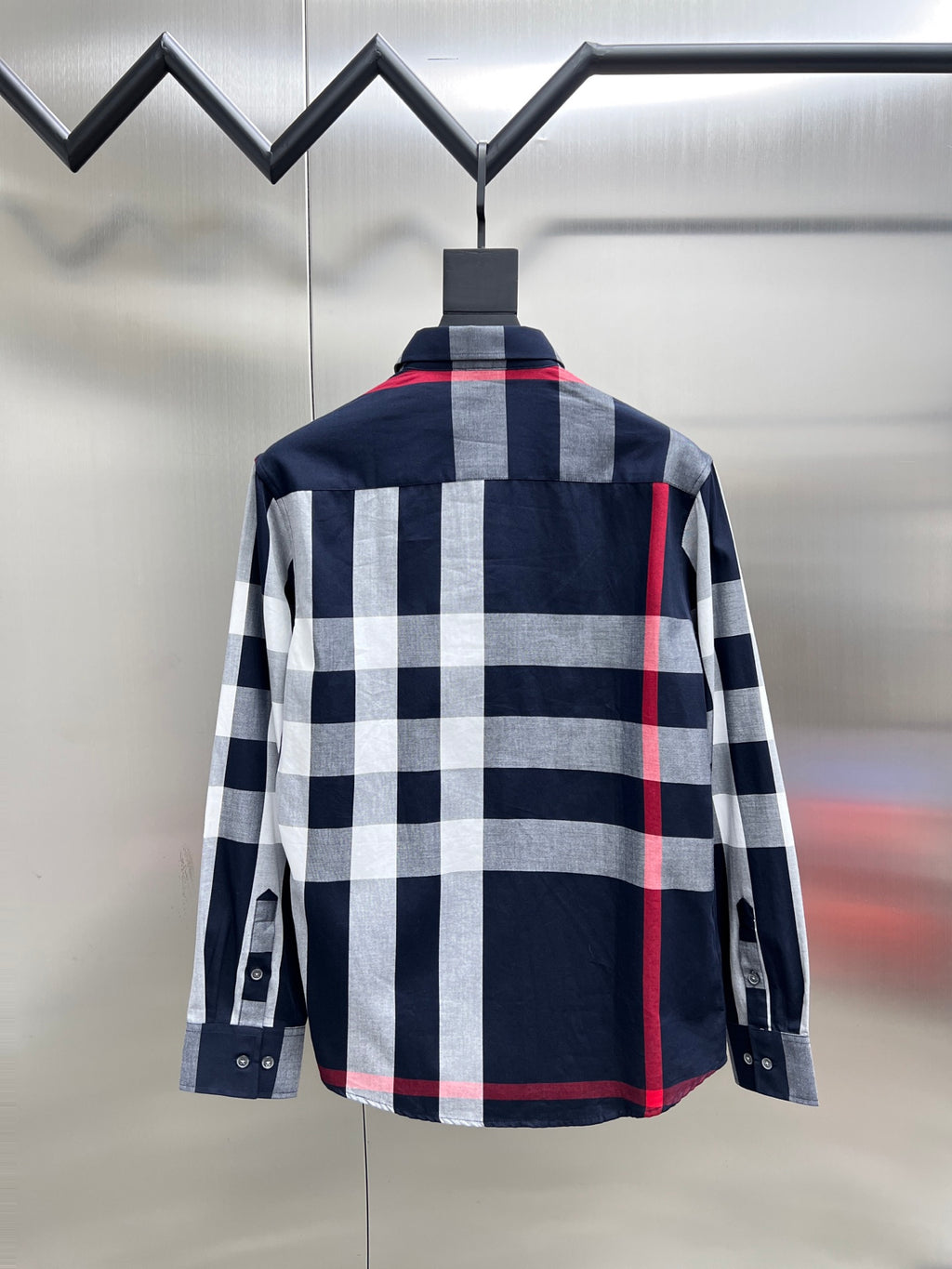 Burberry long-sleeve plaid button-up shirt, back view, navy with white and red