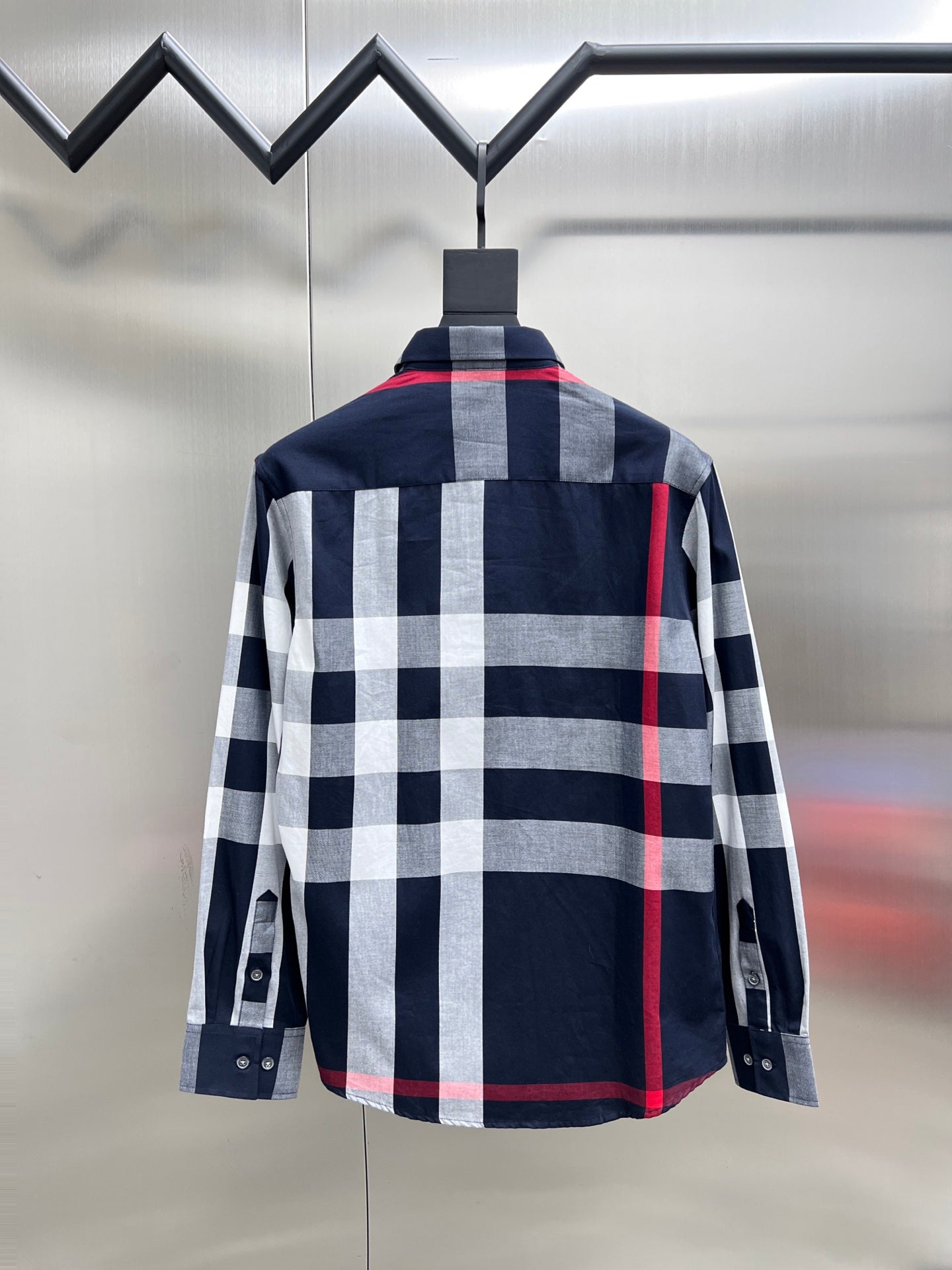 Burberry long-sleeve plaid button-up shirt, back view, navy with white and red