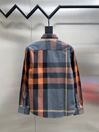 Back view of plaid long-sleeve button-up shirt with buttoned cuffs and collar