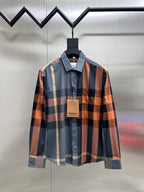 Plaid long-sleeve button-up shirt with collar, front button placket, and hanging tag
