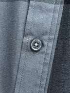 Plaid long-sleeve shirt close-up of front button and stitched placket