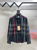 Burberry plaid button-up shirt with long sleeves, dark gray and red accents