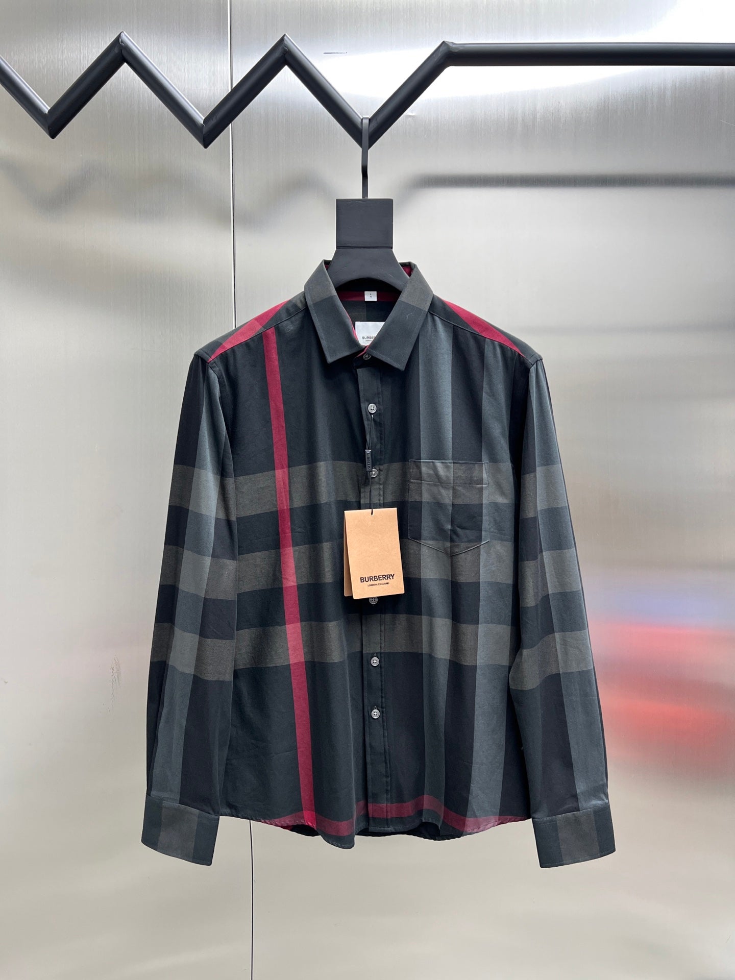 Burberry plaid button-up shirt with long sleeves, dark gray and red accents
