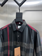 Burberry plaid button-up shirt with pointed collar, dark gray and red panel stripe