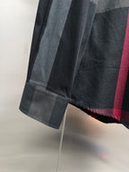 Burberry plaid button-up shirt hem and sleeve end, dark gray with red lines