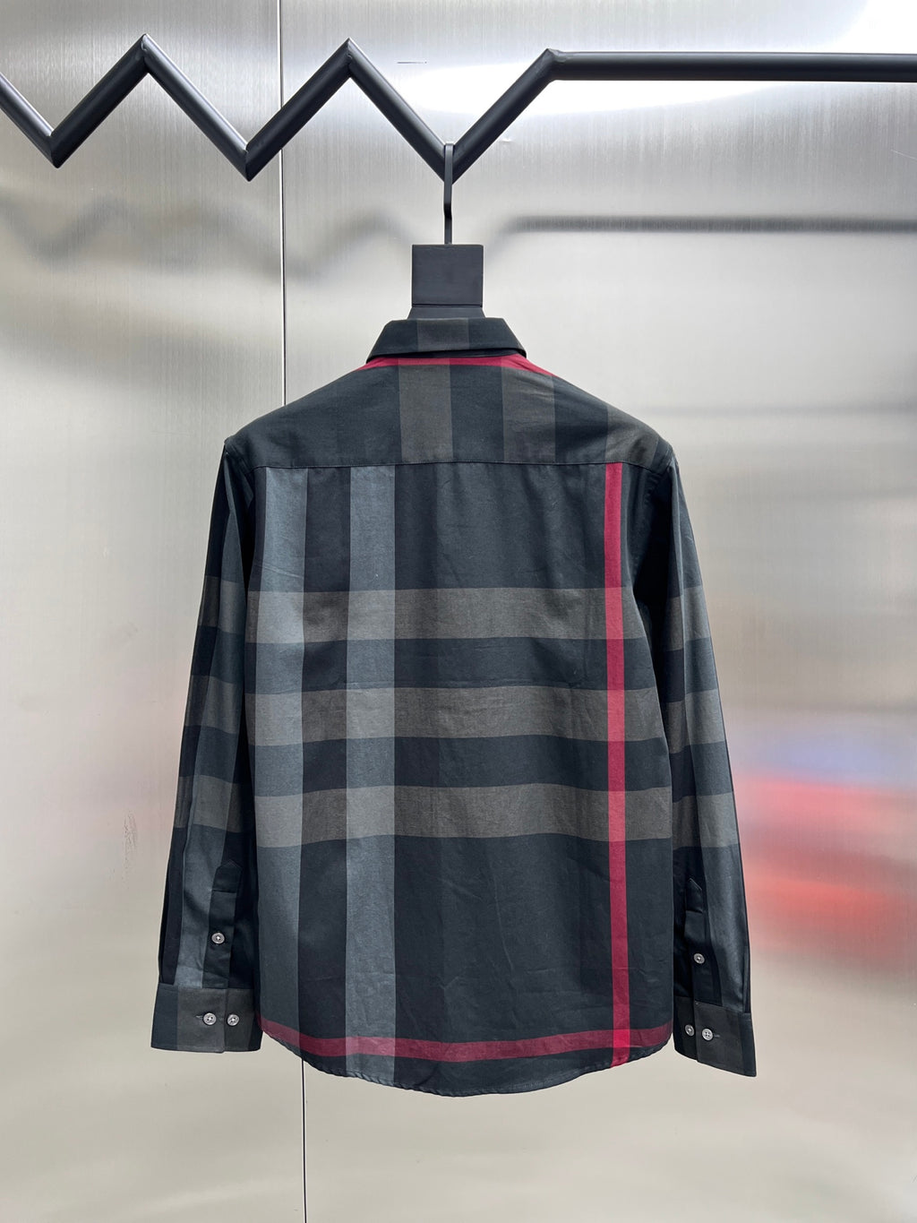 Burberry plaid button-up shirt back view, long sleeves, dark gray with red stripe