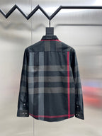 Burberry plaid button-up shirt back view, long sleeves, dark gray with red stripe