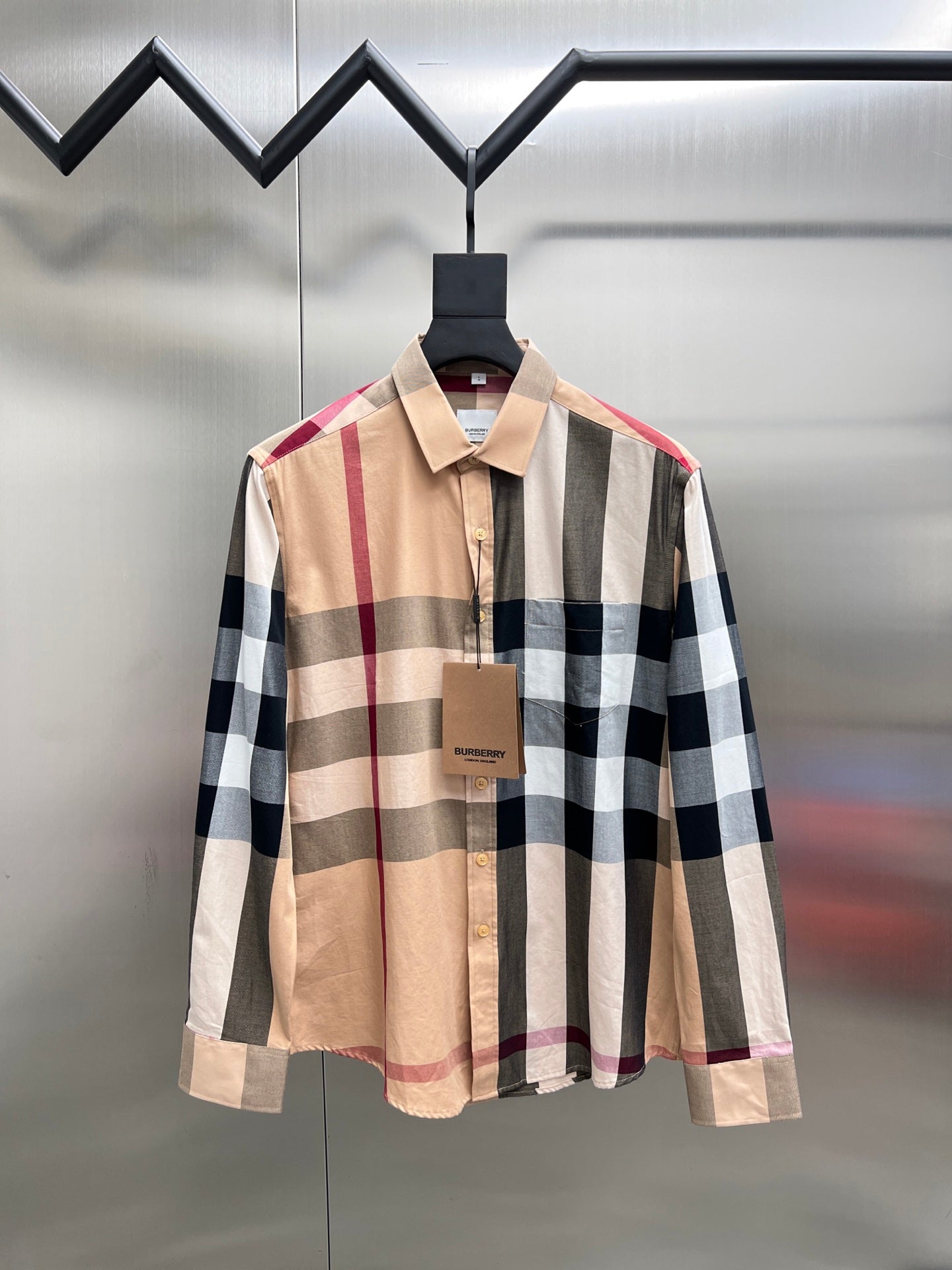 Burberry plaid long-sleeve shirt in beige, navy, white, and red squares