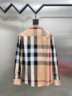 Burberry plaid long-sleeve shirt back view in beige with navy and white squares