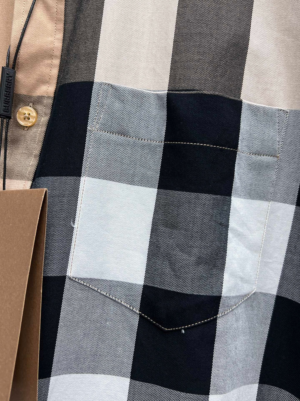 Burberry plaid long-sleeve shirt with chest pocket in navy and white check