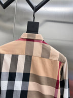Plaid long-sleeve shirt, beige and black and burgundy check pattern