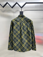 Plaid long-sleeve button-up shirt, back view with yoke seam and hanging tag
