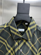 Plaid long-sleeve button-up shirt collar close-up with Burberry label