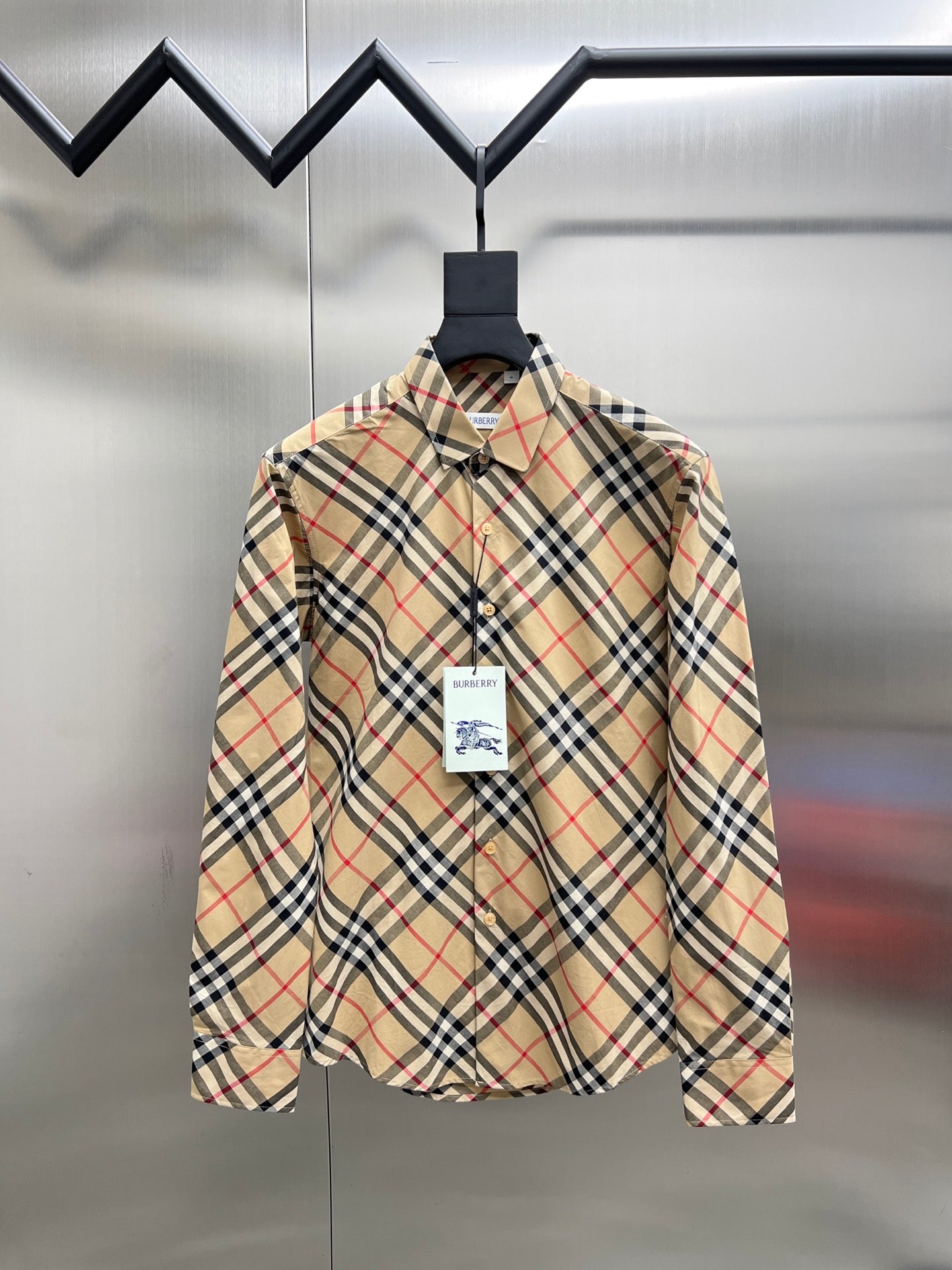 Burberry long-sleeve plaid shirt with button front and pointed collar