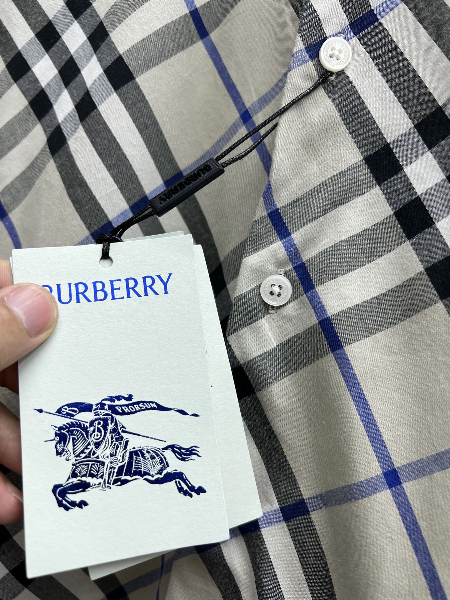 Burberry long-sleeve plaid shirt neckline with buttons, blue black white check
