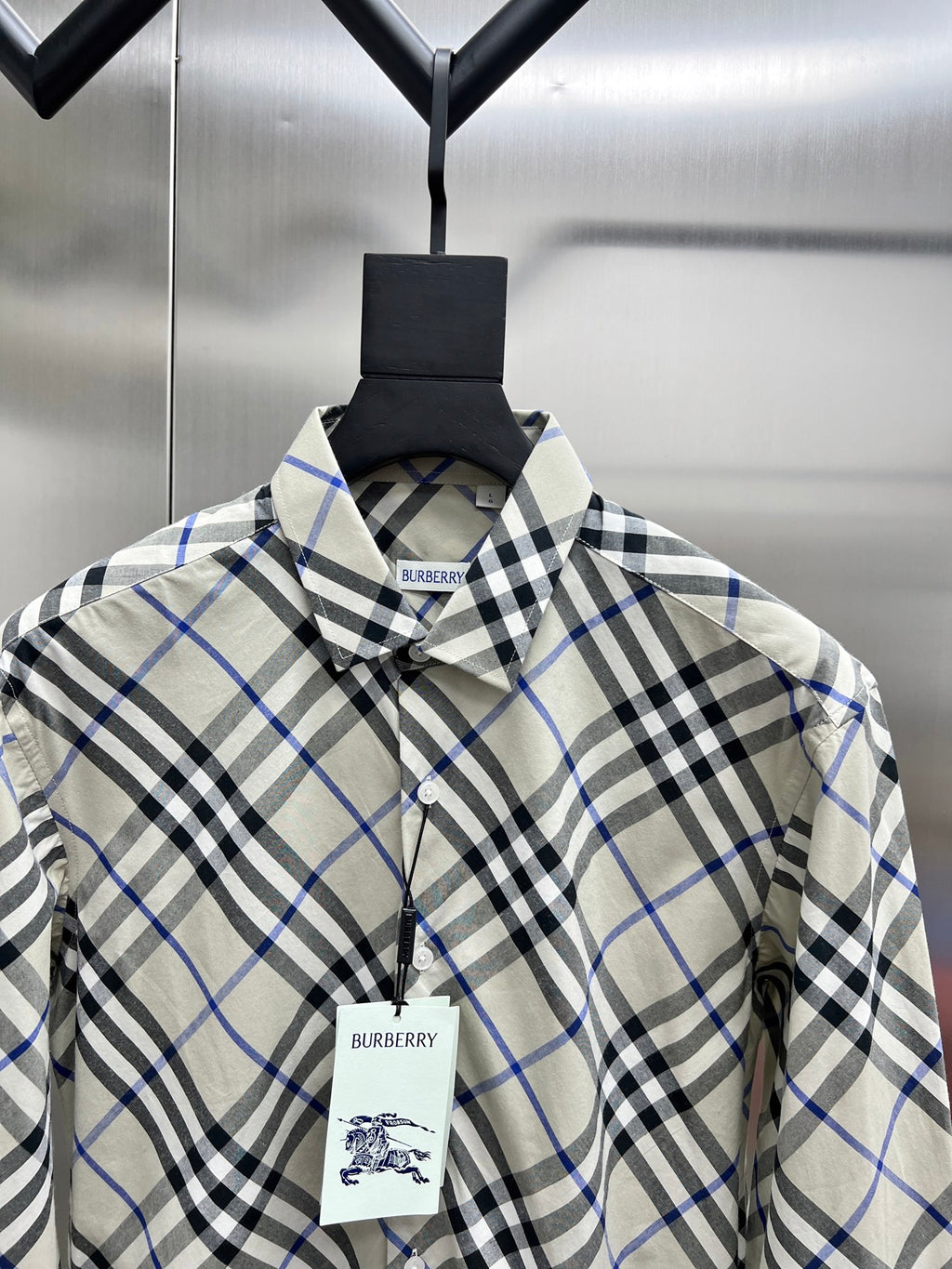 Burberry long-sleeve plaid shirt with button-down collar, blue black white check
