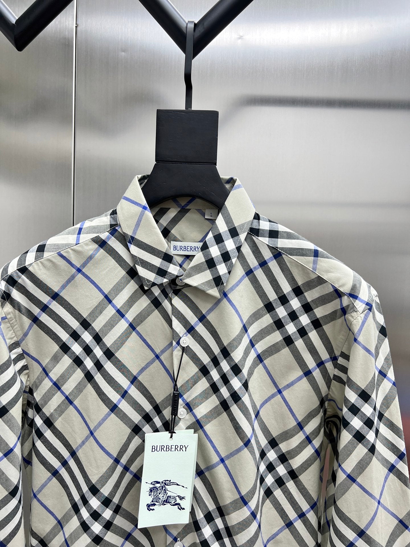 Burberry long-sleeve plaid shirt with button-down collar, blue black white check