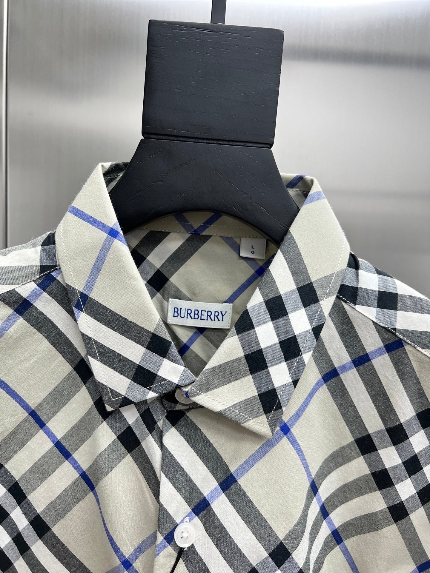 Burberry button-down collar shirt, blue black and white check plaid