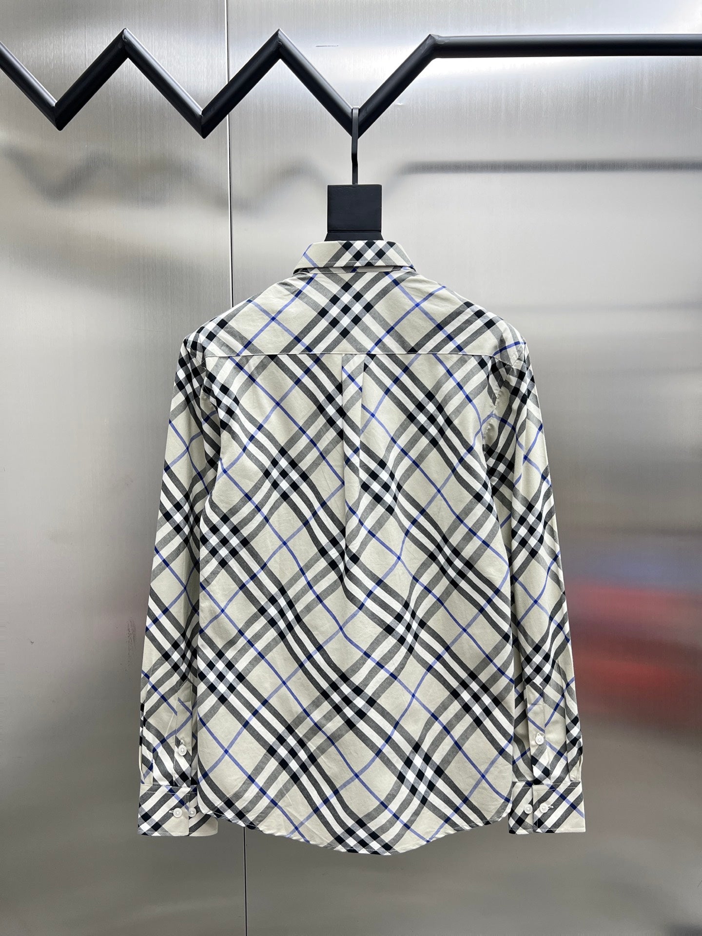 Back view of Burberry long-sleeve shirt, blue black and white check plaid
